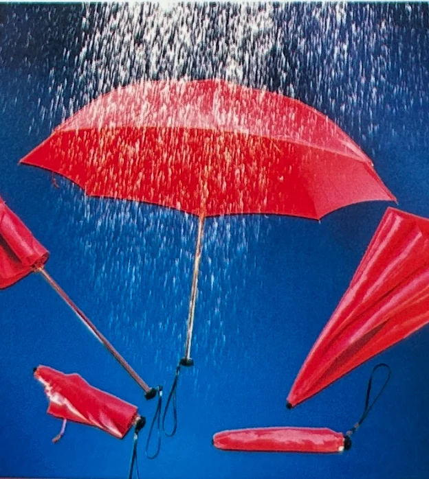 Parapluies rouges sous la pluie