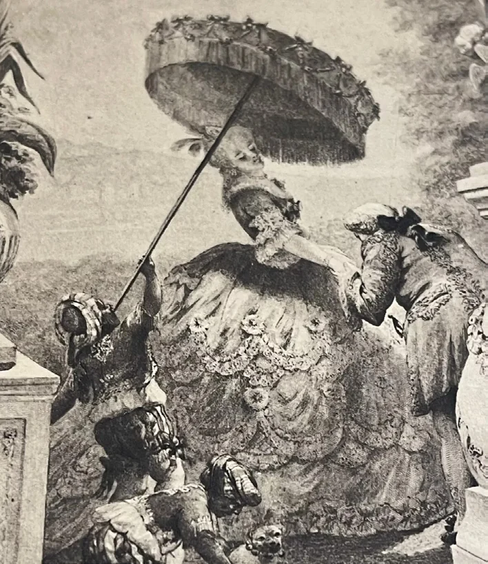 Gravure ancienne d’une femme sous une ombrelle