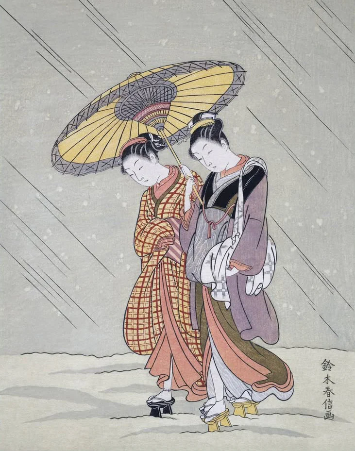 Estampe japonaise montrant deux femmes sous une ombrelle